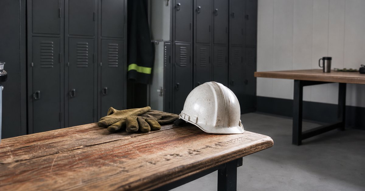 An empty employee locker area in a clean industrial break room, one locker door open, work gloves and a hard hat resting on a worn wooden bench, soft morning light from high windows