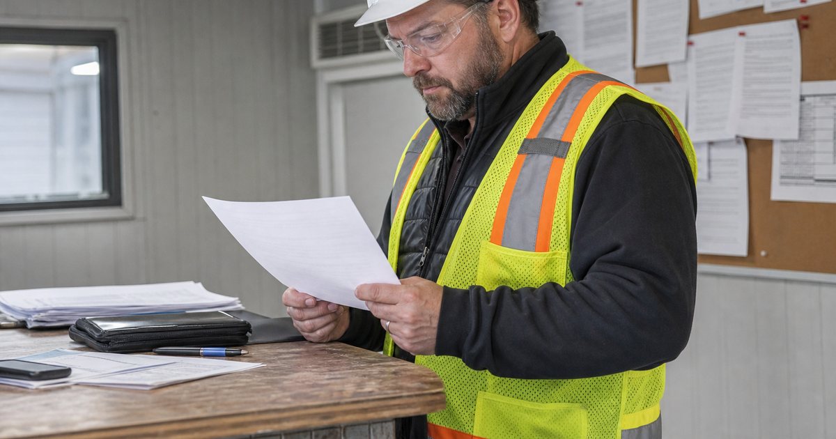 A compliance manager in a hard hat and safety glasses standing outside a jobsite trailer on a phone call, a construction site with equipment behind him in early morning light