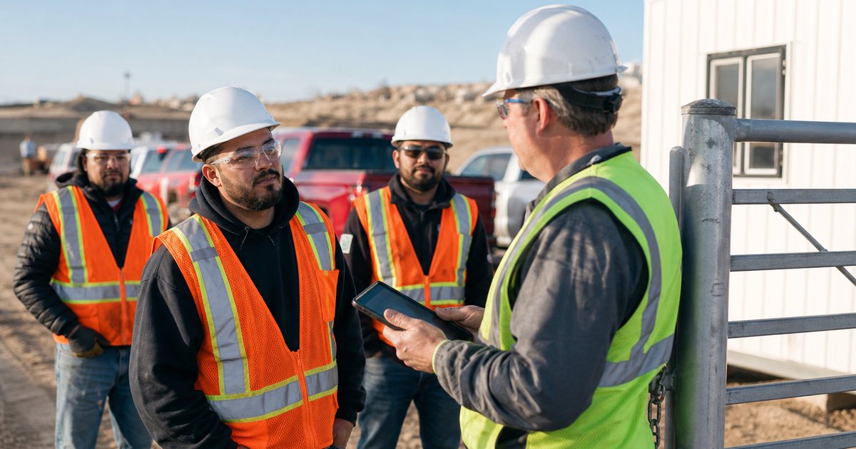A site supervisor at a construction gate checking in a group of contractors wearing hard hats and high-visibility vests early in the morning, pickup trucks and a jobsite trailer behind them
