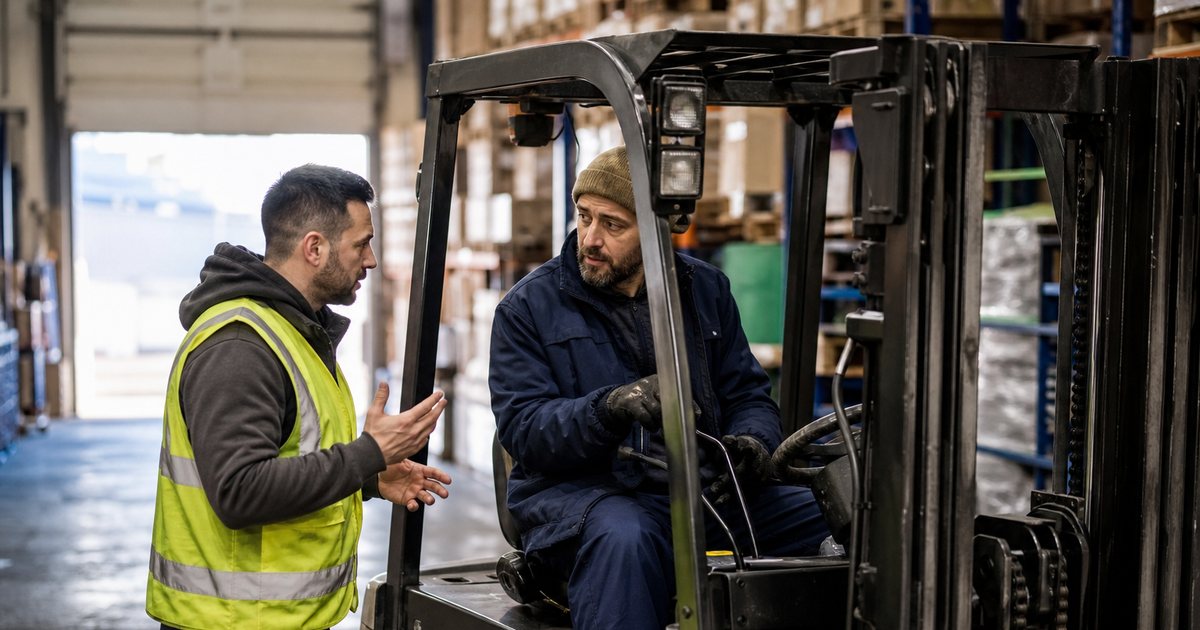 A warehouse shift supervisor in a high-visibility vest talking with a forklift operator beside a parked forklift in a distribution center aisle, morning light coming through open loading dock doors