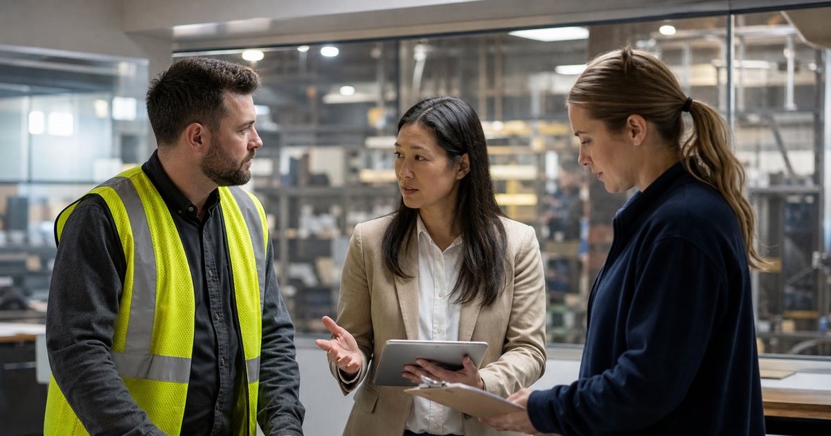 Three colleagues in a small manufacturing plant office, one wearing a safety vest, one in business casual, one holding a clipboard, standing at a table mid-conversation with the production floor visible through a window